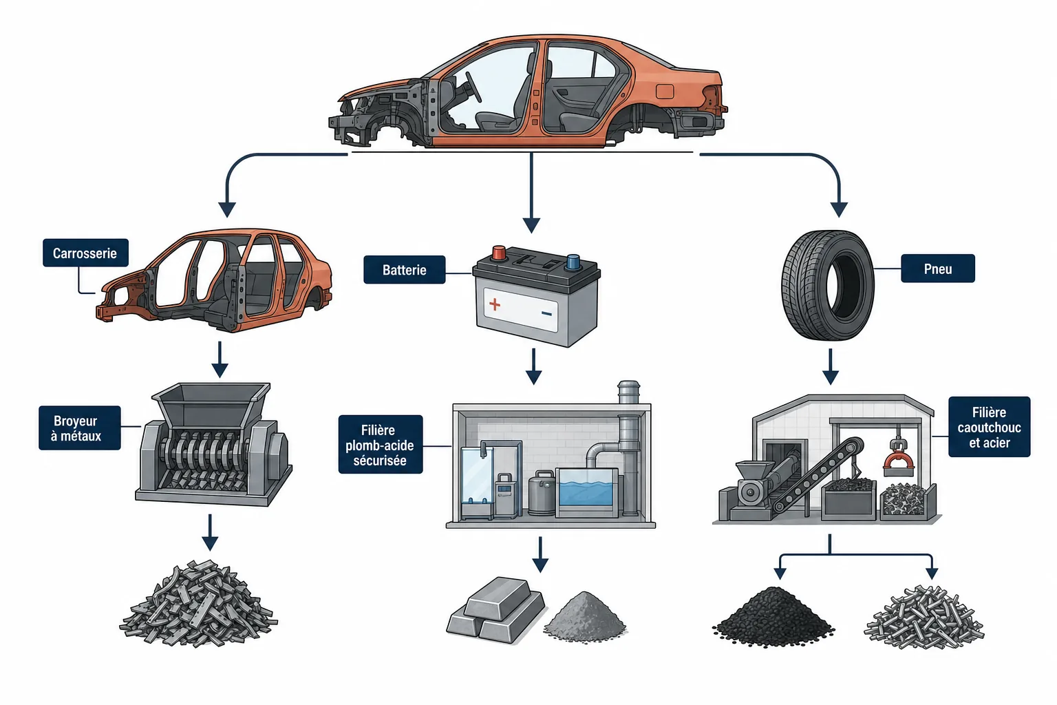 Schéma montrant les trois circuits séparés d'un véhicule hors d'usage : carrosserie, batterie et pneus.