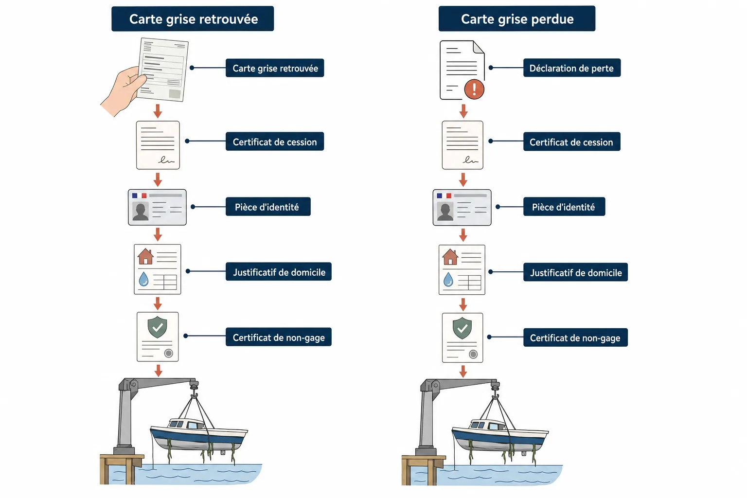 Comparaison visuelle des documents à fournir pour enlever une épave selon que la carte grise est présente ou perdue