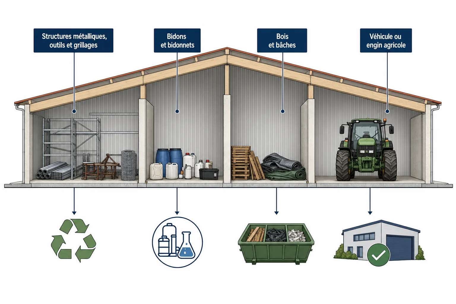 Schéma d'un hangar agricole montrant les différentes zones de matériaux et leurs filières de traitement respectives