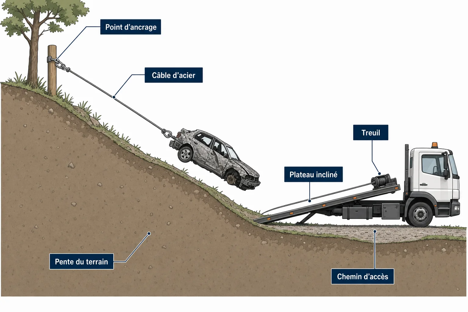 Schéma montrant comment un treuil et un câble permettent de remonter une épave depuis un terrain en pente jusqu'au camion