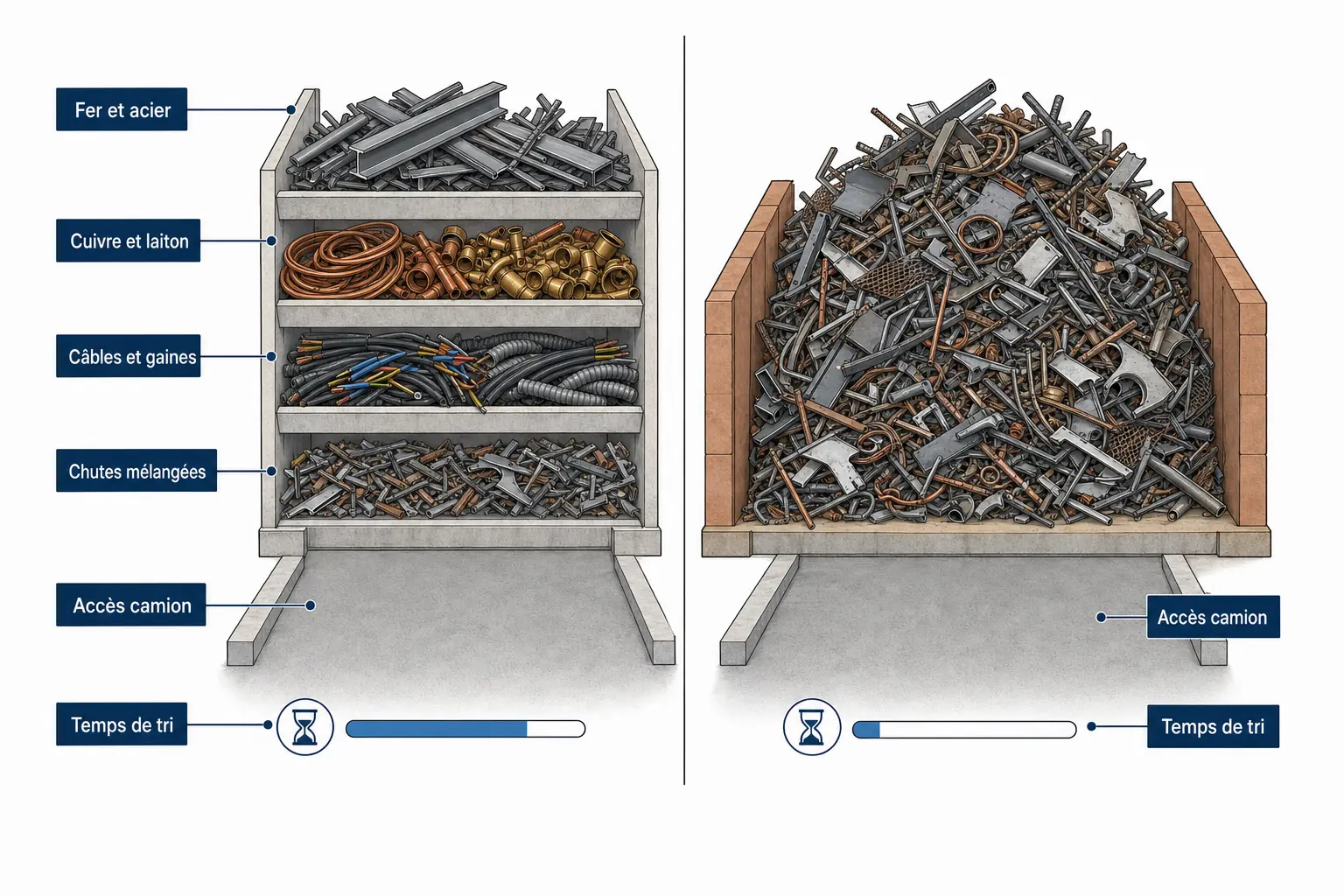 Comparaison visuelle entre un chantier avec ferraille triée par bacs et un chantier avec ferraille laissée en vrac