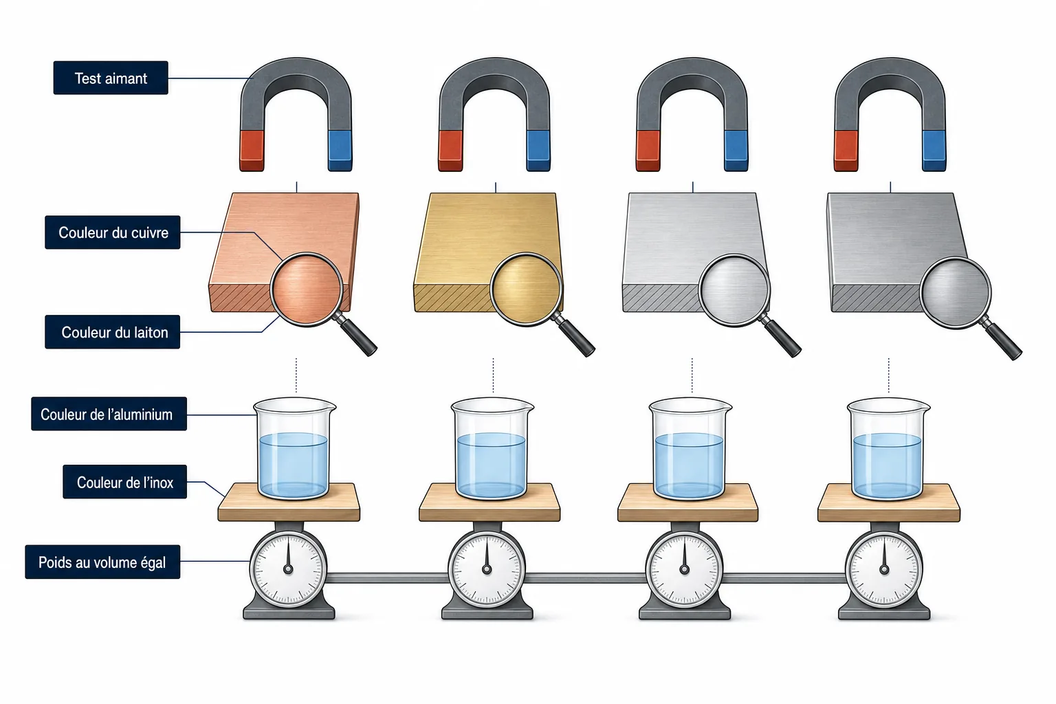 Schéma comparatif montrant comment distinguer acier, cuivre, laiton, aluminium et inox par couleur, aimant et poids.